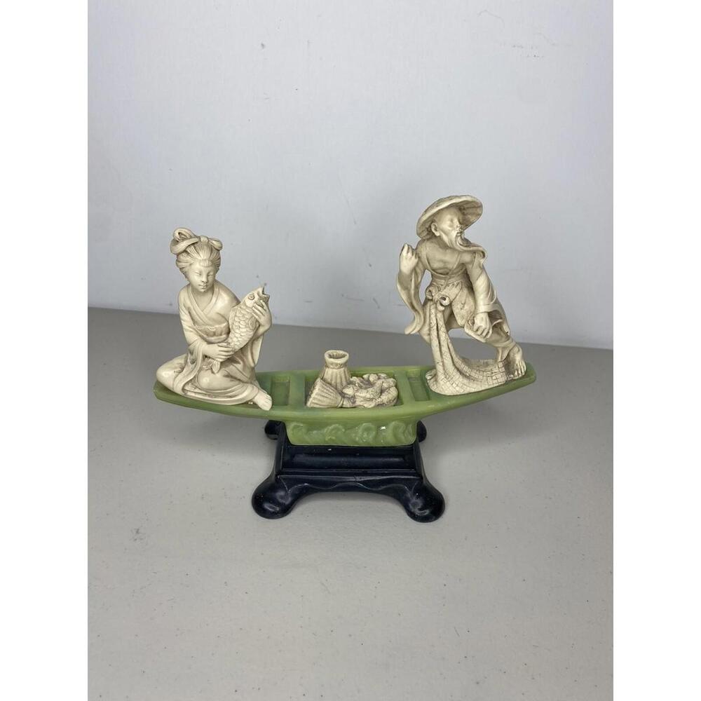 A.SANTINI FAUX Jade Italy RARE Mid Century 2Fishermen on Boat with Fish Vintage